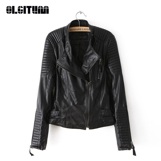 OLGITUM 2018 New Spring Fashion Bright Colors Good Quality Ladies Basic Street Women Short PU Leather Jacket JK477
